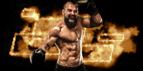 Boxing banner with yellow neon lights. Template for bookmaker ads with copy space. Mockup for betting advertisement. Sports betting, boxers betting, gambling, bookmaker, big win.