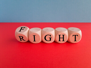 Fight for your right. Turned the cube and changes the word 'right' to 'fight' on a beautiful red background. Business and fight right concept. Copy space.