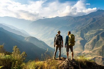 Obraz premium Two Hikers Overlooking Valley from Mountain Top - AI Generative