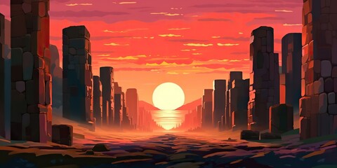 Fototapeta na wymiar AI Generated. AI Generative. Anime comics cartoon landscape with abstract road stone briks and sun on horizone. Graphic Art