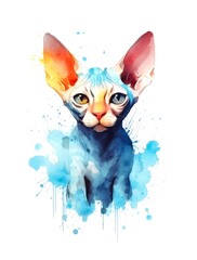 Cute Sphynx cat on white background, cartoon watercolor illustration. Generative AI.