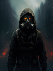 A man in a gas mask and a jacket with a hood, against the backdrop of the city. Digital art style. Generative ai.