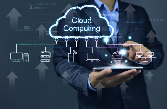 Businessman using smartphone and cloud computing to transfer data information and upload download application. Technology transformation concept.
