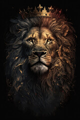 Lion with a crown on his head on a dark background. digital art. Generative AI.