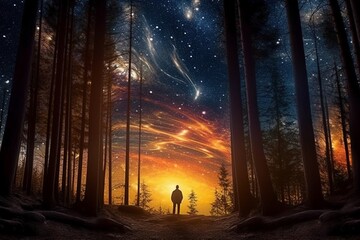Person Awed by Vibrant Celestial Display in Forest - AI Generative