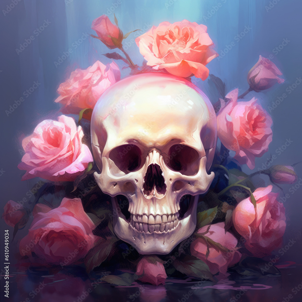 Wall mural Skull and roses. Digital art. Generative AI.