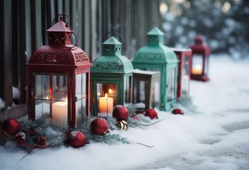 lanterns with burning candles and christmas decorations