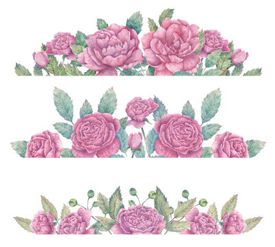 Set of watercolor compositions with branches of blooming pink roses, buds and leaves. Botanical borders for postcards, stationery, invitations, design and more.
