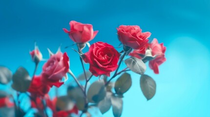 Red roses on blue background. Generative AI.