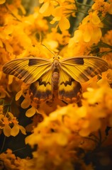 Yellow butterfly on yellow flowers. Generative AI.