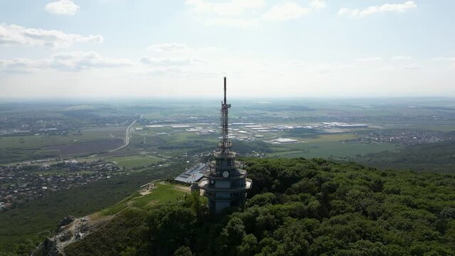 Pyramid Radio tower on top of Zobor Mountain, view of Nitra, Slovakia, 4k