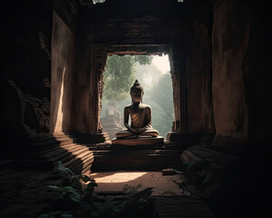 Buddha statue overlooking an ancient temple