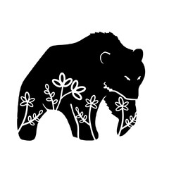 Bear, Vector animal with floral element. Illustration. Animal silhouette. Black isolated silhouette