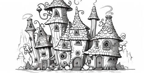 AI Generated. AI Generative. Kids cartoon color bokk doodle drawing paiant. Black and white illustration of cozy house. Graphic Art