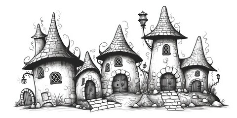 Fototapeta premium AI Generated. AI Generative. Kids cartoon color bokk doodle drawing paiant. Black and white illustration of cozy house. Graphic Art