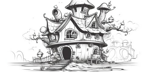 AI Generated. AI Generative. Kids cartoon color bokk doodle drawing paiant. Black and white illustration of cozy house. Graphic Art
