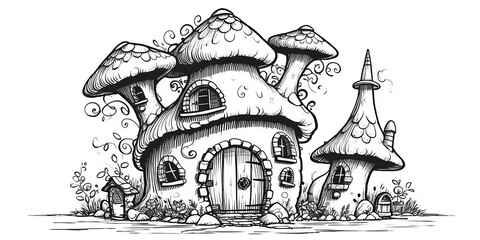 AI Generated. AI Generative. Kids cartoon color bokk doodle drawing paiant. Black and white illustration of cozy house. Graphic Art