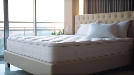 A white spring mattress with a flat surface in bedroom - generative AI