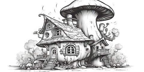AI Generated. AI Generative. Kids cartoon color bokk doodle drawing paiant. Black and white illustration of cozy house. Graphic Art