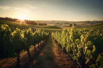Fototapeta premium Rolling wine vineyard at dawn, cinematic. Generative AI