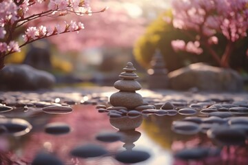 Fototapeta na wymiar Peaceful Zen garden in spring. Generative AI