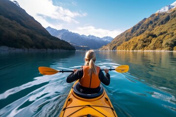 Elegant Lady Kayaking in a Serene Lake with Beautiful Landscape. Generative AI
