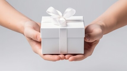 hand holding a white gift box with ribbon, isolated on clean white background, in advertising stock mockup style - generative AI