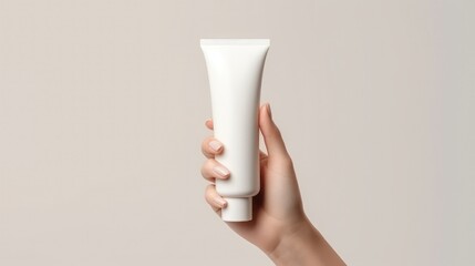 hand holding a white cream tube, isolated on clean white background, in advertising stock mockup style - generative AI
