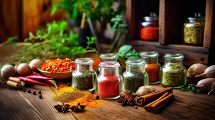Fresh Spices, Turmeric Rosemary Additives Herb Ingredient Cardamom Pepper Nature Spice Variety Foliage Color Chili Powder Red Cinnamon Lively Indian Peppers Assorted Colorful Ginger - generative AI