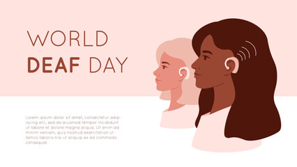 Young women profile portraits with hearing aid. World deaf day banner concept. Beautiful females has hearing problems and using medical gadget in ear. Vector illustration.