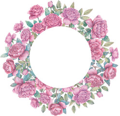 Round watercolor frame with blooming pink rose branches, buds and leaves. Botanical wreath for cards, flyers, invitations, design and more.