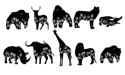 Bear, deer, gorilla, wolf, crocodile, rhinoceros, buffalo, giraffe, lion. Vector animal with floral element. Illustration. Animal silhouette. Black isolated silhouette