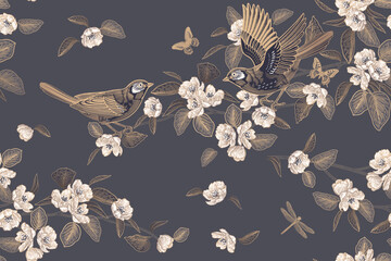 Dark background. Birds, butterflies, dragonfly on Blossoming tree. Vector seamless pattern. Vintage. - 610951287