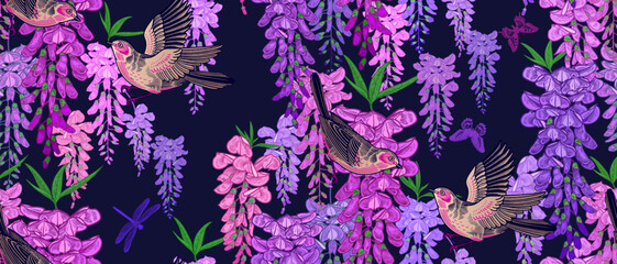 Wisteria liana, gold birds, butterflies and dragonfly. Floral seamless pattern. Vector Vintage - 610951414