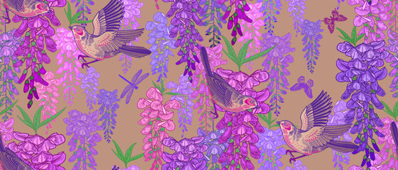 Wisteria liana, gold birds, butterflies and dragonfly. Luxurious Floral seamless pattern. Vector Vintage - 610951446