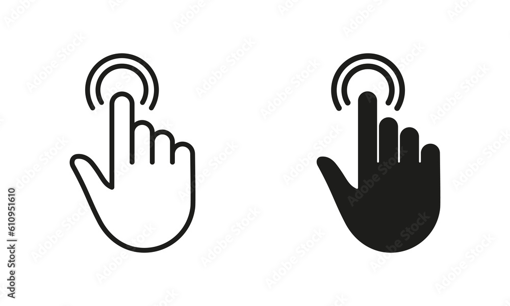 Poster double click gesture, hand cursor of computer mouse line and silhouette black icon set. pointer fing