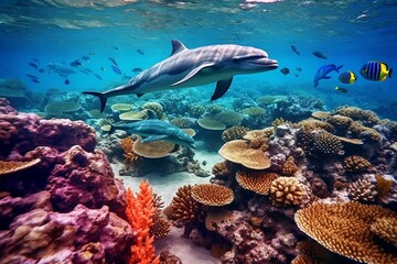 Enchanting Undersea Environment Dolphins and a Coral Reef. Generative AI