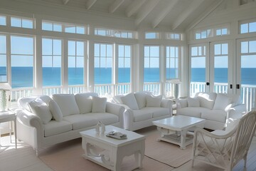 Stunning white furniture in the living room in a beach house with a beautiful location by the ocean - generative ai