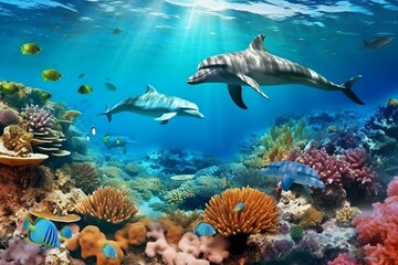 Fototapeta na wymiar Enchanting Undersea Environment Dolphins and a Coral Reef. Generative AI