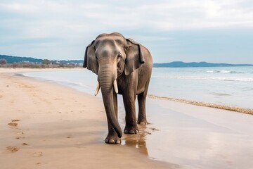 Fototapeta na wymiar Inquisitive Elephant on the Beach Learning and Knowledge. Generative AI