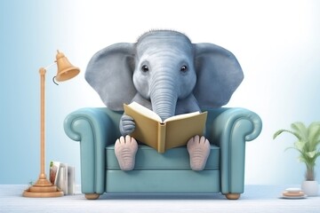 Elephant Engaged in Learning: Reading Book on Sofa. Generative AI