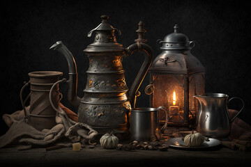 - still life, composition with metal vessels in candlelight 3, generative ai