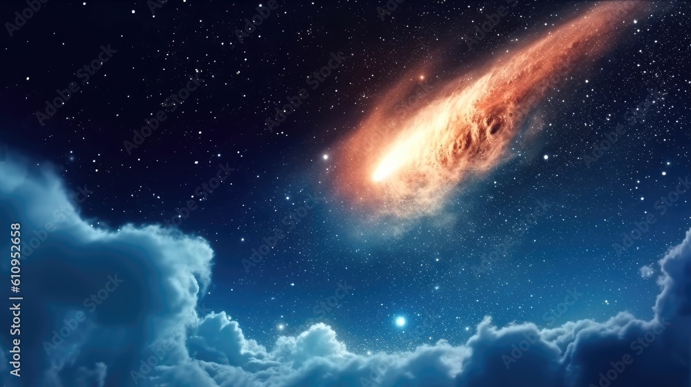 Wall mural cosmos photo of a comet meteorite crossing the outer space with clouds and stars background generati