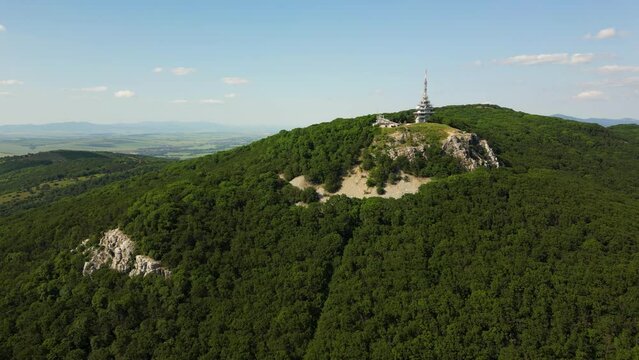 Aerial view of Pyramid Radio tower on top of Zobor Mountain in Slovakia, 4k