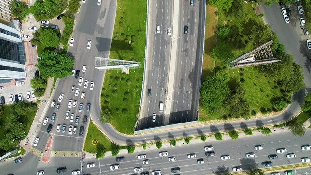 Top down aerial view of roads with cars