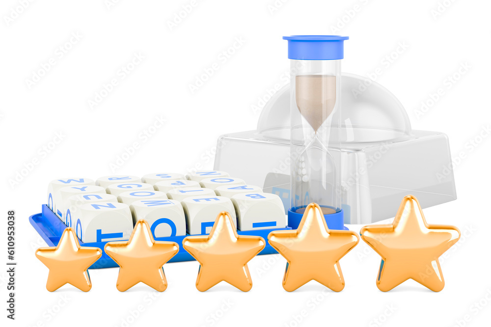Poster boggle board game with five golden stars. 3d rendering