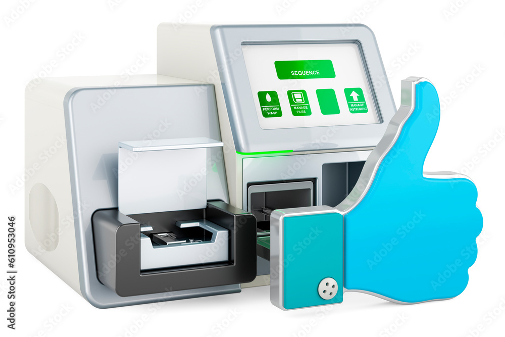 Poster dna sequencer with like icon. 3d rendering