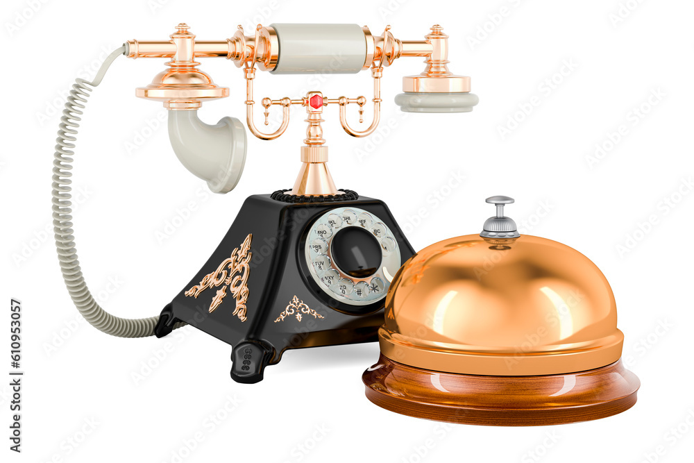 Poster old-fashioned phone with reception bell. 3d rendering