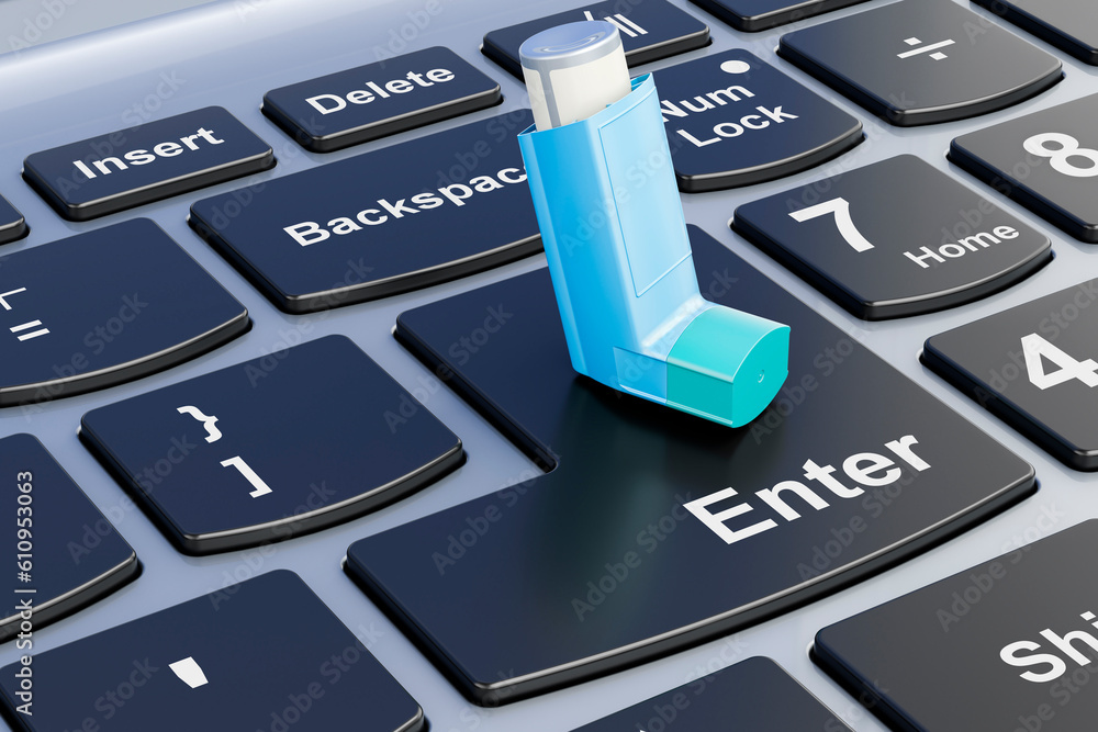 Poster metered-dose inhaler, mdi on laptop keyboard. 3d rendering