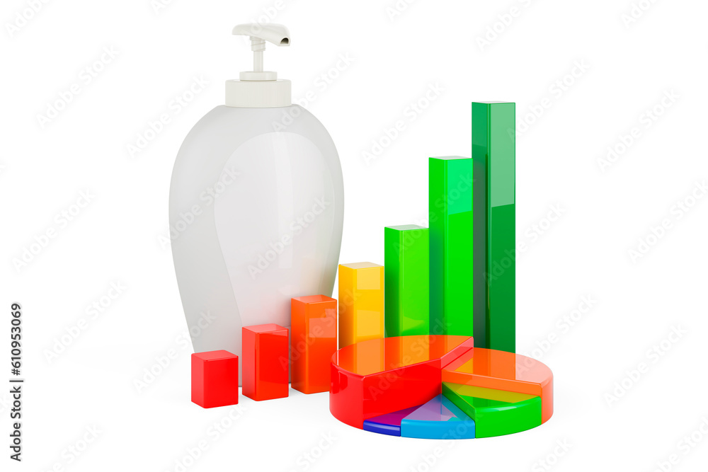 Poster soap bottle dispenser with growth bar graph and pie chart, 3d rendering